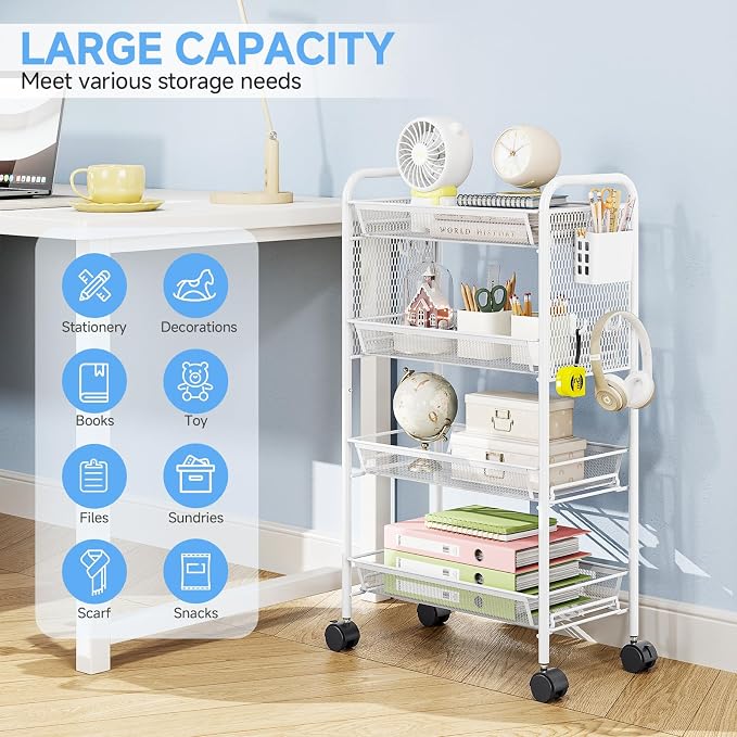 KINGRACK 4 Tier Rolling Cart, Metal Utility Storage Cart with Pegboard | Screwless Assembly, Lockable Wheels, 4 Hooks & 1 Bin, Mobile Organizer for Bathroom Kitchen Office Craft Room Laundry, White