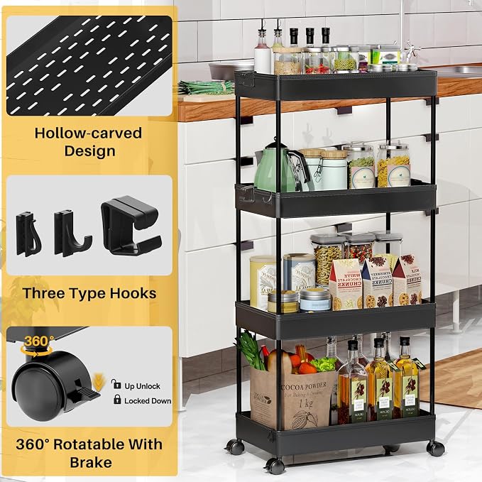 SPACEKEEPER Storage Cart 4-Tier, Bathroom Rolling Cart Utility Storage Organizer Shelf Mobile Shelving Unit for Kitchen Living Room Bathroom Laundry Room & Dressers, Black | Mobile Storage Cart for Laundry Room Organization,Kitchen,Office,Bathroom, Uti...