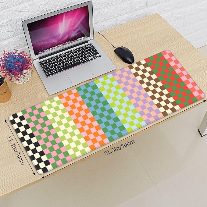 Colorful Checkerboard Gaming Mouse Pad Extended Desk Mat 31.5x11.8in | Gaming Mousepad, Non-Slip Rubber Base, Large Keyboard Pad with Stitched Edges, Desktop Protector, for Office Home