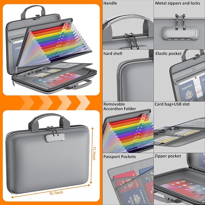 Tamfile Fireproof File Organizer with Lock,Hard Case Fireproof Document Box | 13 Colour Pockets Accordion File Folder, Office Home Important Document Organizer for Letter A4 Files Laptop Passports,Grey