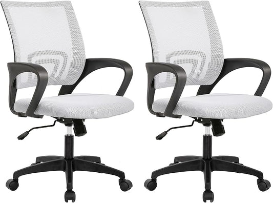 BestOffice | Ergonomic Office Chair | Mid-Back Swivel Desk Chair | Breathable Backrest & Lumbar Support | Adjustable Height | Sponge Seat | Rolling Wheels | White | for Adults & Women | Pack of 2