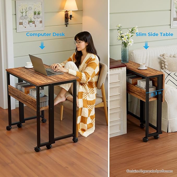 GreenForest Folding Desk with Wheels, 24.8" Rolling Table for Small Spaces | Storage Shelf, Lockable Casters, Compact Portable Workstation, Space-Saving Foldable Sofa Table, Home Office, Mobile, Walnut