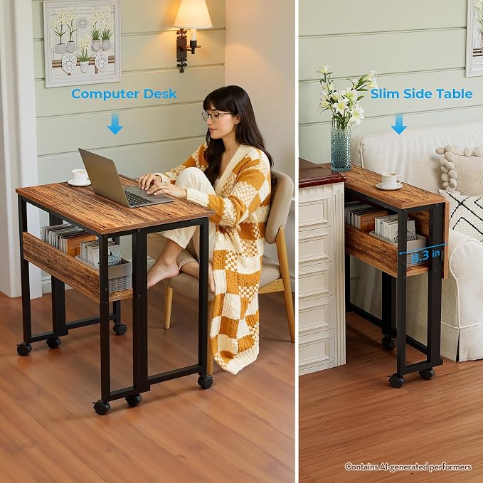 GreenForest Folding Desk with Wheels, 31.5" Rolling Table for Small Spaces | Storage Shelf, Lockable Casters, Compact Portable Workstation, Space-Saving Foldable Sofa Table, Home Office, Mobile, Walnut