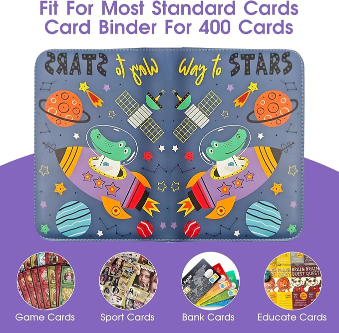 4-Pocket Card Binder with 50 Removable Pages, Holds 400 Cards | Fits trading, sports, gaming and collectible cards. Great for boys and girls to organize and protect collections(Stars)