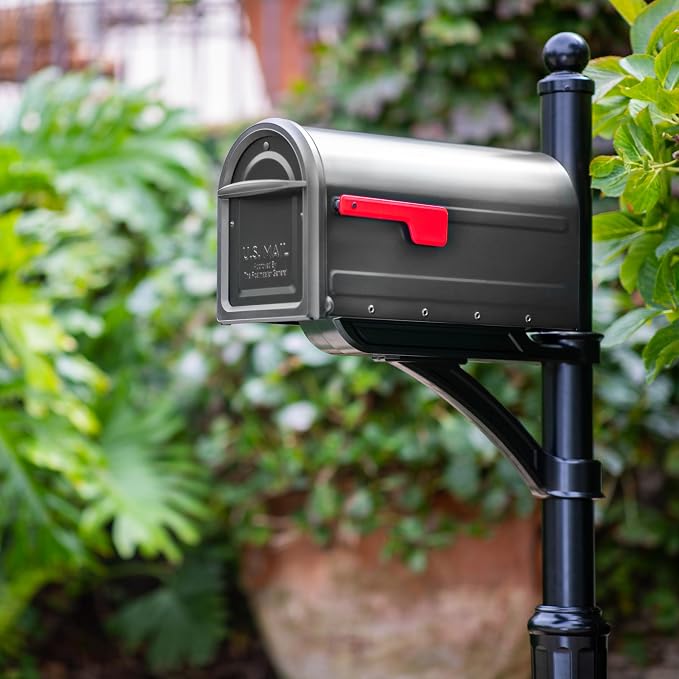 Architectural Mailboxes Mapleton Steel Post Mount Mailbox, Graphite, Large | Galvanized steel build for outside with rust-resistant powder-coat finish and a magnetic door closure. USPS approved.