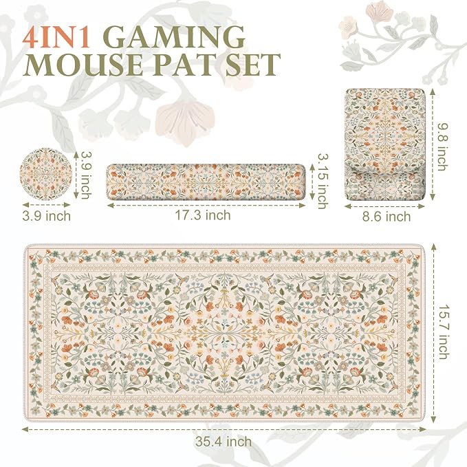 iCasso Mouse Pad with Wrist Rest,Ergonomic Large Desk Mat Set, Beige | Keyboard Pad with Wrist Support, Non-Slip Mouse Mat for Women, Cute Floral Computer Mat for Home Office Gaming