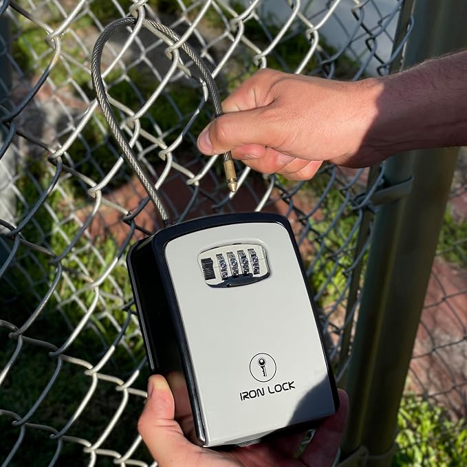 Iron Lock® XXL Portable Key Lock Box, 15in Steel Cable, Code (XXL, Grey) | Holds 20-30 keys + car fobs; unique built-in tray; loops on gate or rail or wall-mounts; resettable code; dial cover
