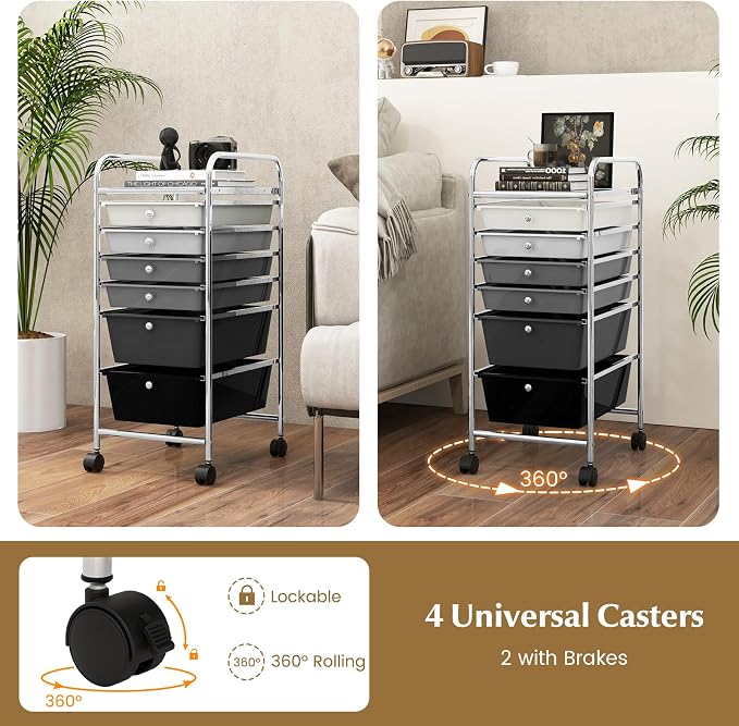 COSTWAY 6-Drawer Rolling Storage Cart, Art Craft Tools Organizer on Wheels | Multifunctional Heavy Duty Utility Mobile Storage Trolley w/ 2 Lockable Wheels for Home Office School (Mixed Black)