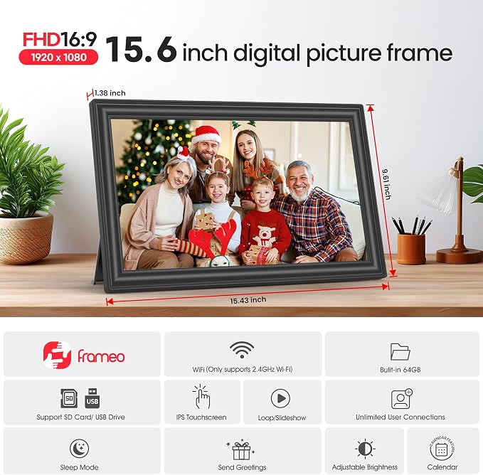 64GB 15.6" Frameo Digital Picture Frame WiFi, Large Electronic Photo Frames 1920 x 1080 IPS FHD Touch Screen, Send Photos from Your Phone from Anywhere, Best Gifts for Parents and Grandparents