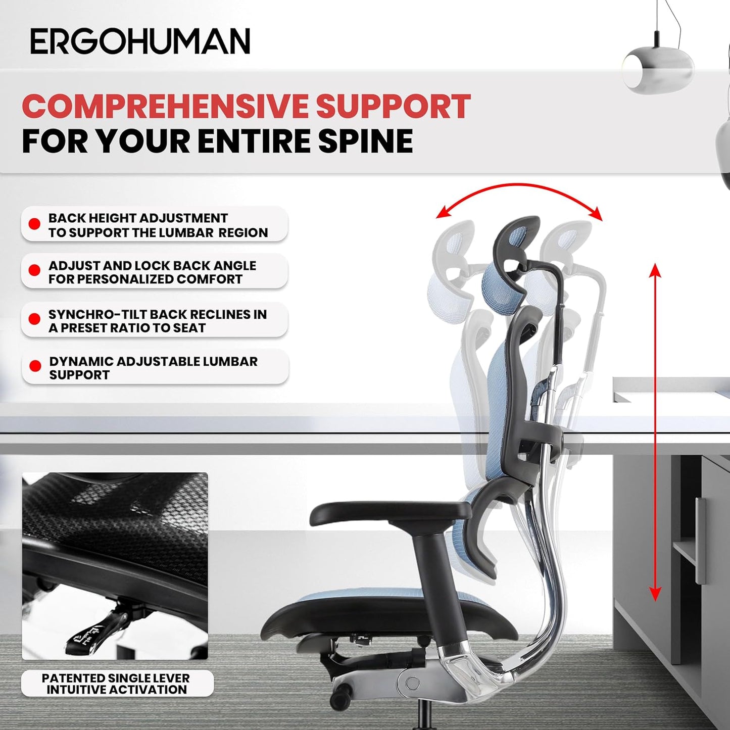 Ergohuman Eurotech ME7ERG GEN2 High Back Mesh Office Chair with Tilt Tension Control, Tilt Lock, Back Angle, Back Height, Synchro Tilt, Seat Height, Seat Depth, and Arm Height Adjustments, Blue