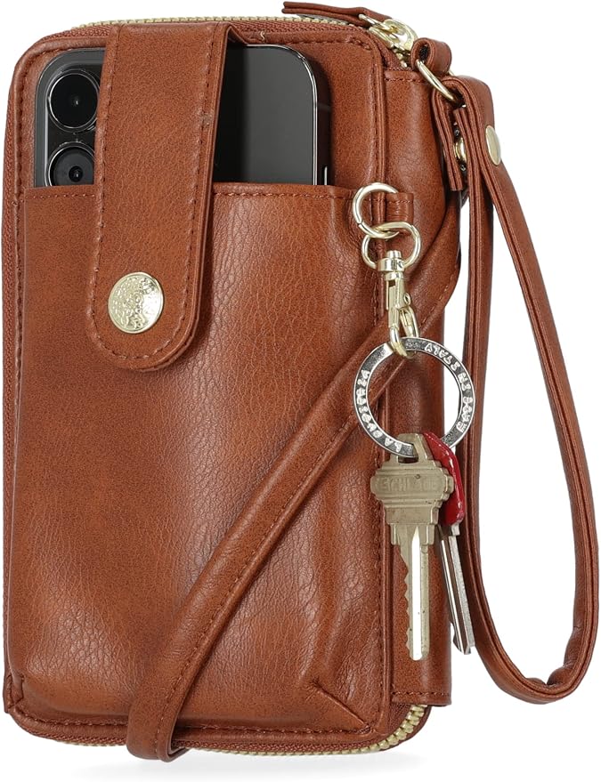Mundi Jacqui RFID Crossbody Wallet for Women, Vegan Leather Small Travel Handbag with Phone Holder, Compact Organizer with Card Slots and Removable Strap, Vacation Purse in Brown Sugar