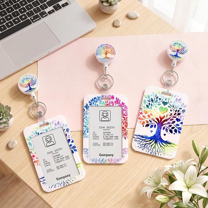 3 Set Badge Holder Retractable Reel Colorful Tree ID Badge Holders with Clip Cute Name Badge Holders for Teacher Nurse Doctor Student Office Workers