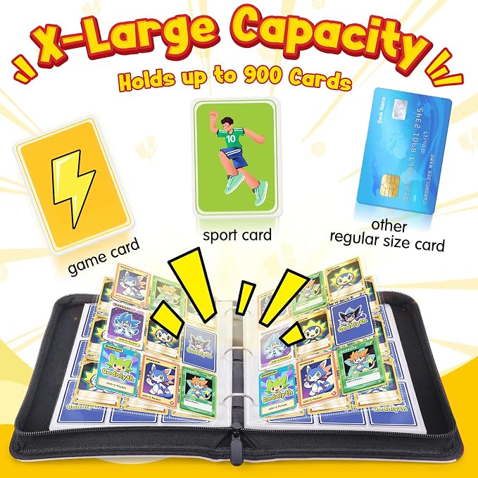 Card Binder – 9 Pocket Zipper Collection Album, Premium PU Holder, Double-Sided Display for 900 Cards, Includes 5 Hard Plastic Sleeves for Game Cards, Sports Cards(Fire)