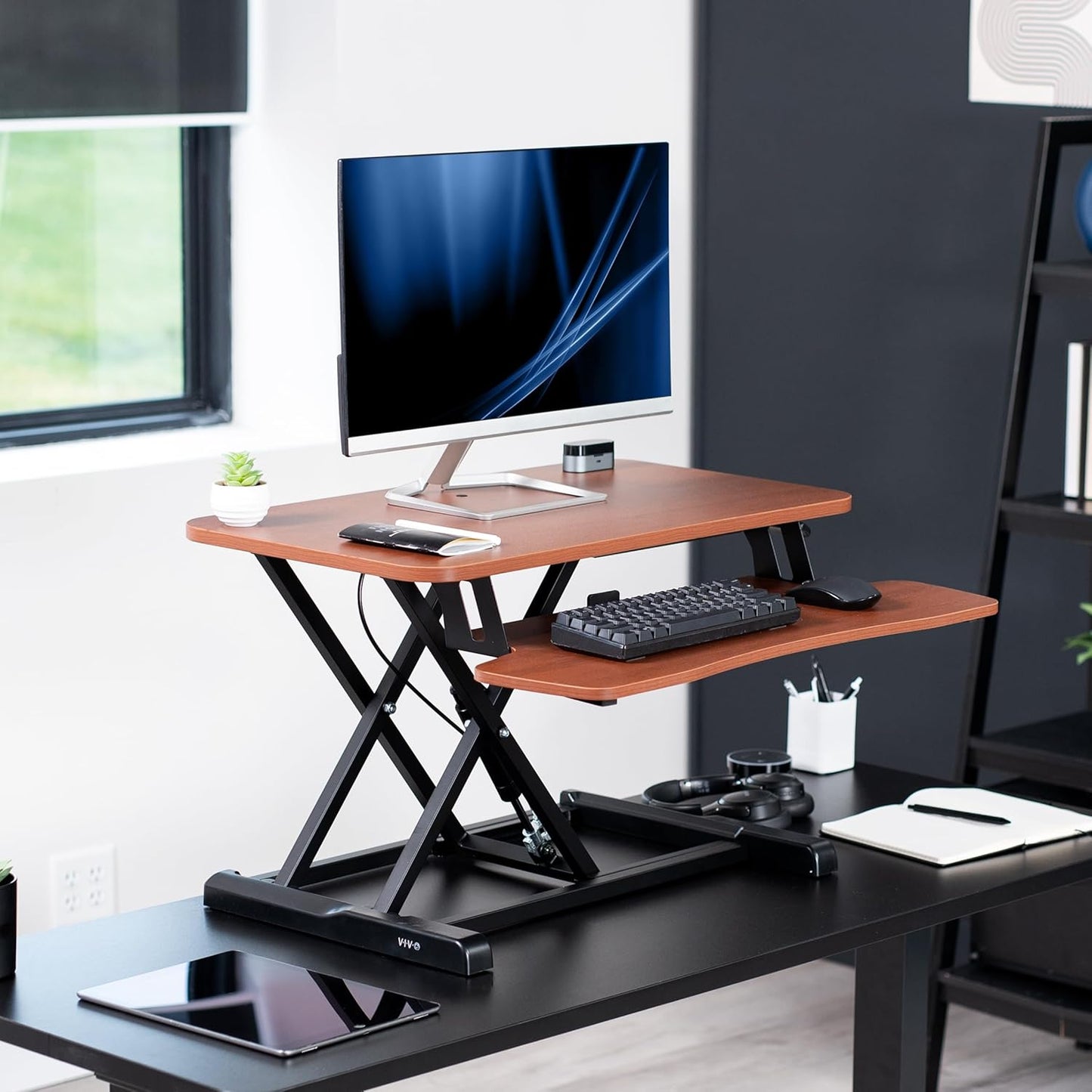 VIVO 28 inch Desk Converter, K Series, Height Adjustable Sit to Stand Riser, Dual Monitor and Laptop Workstation with Keyboard Tray, Dark Walnut Top, Black Frame, DESK-V028KA