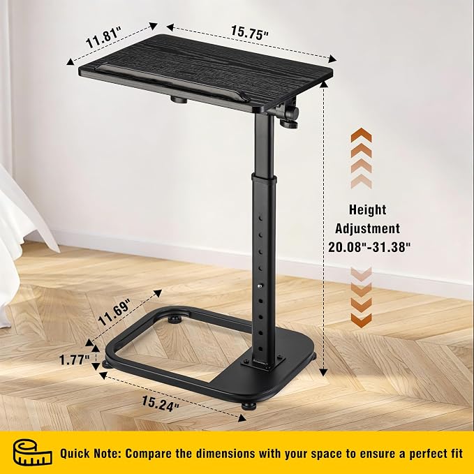 facka Adjustable Height TV Tray Table for Couch Eating, Laptop Small Spaces | C Shaped Flip-Top Couch Table, 9-Level 20-31 in Height Range, Rounded Corners, Sofa Side Table Black