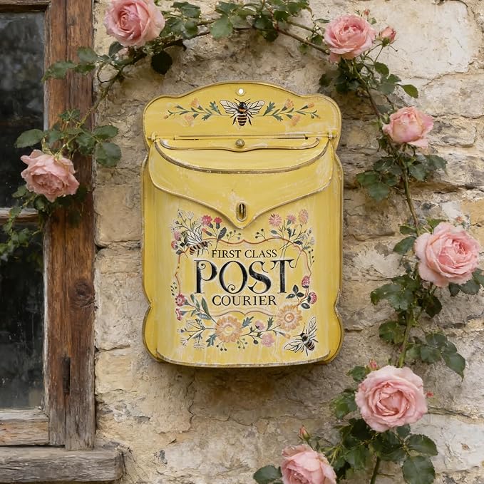Wall Mount Mailbox for Outside Vintage Mail Boxes for House Outside Metal Door Mailbox Drop Box Antique Style Nostalgic Charm Home Decorative, Flower Pattern, Yellow