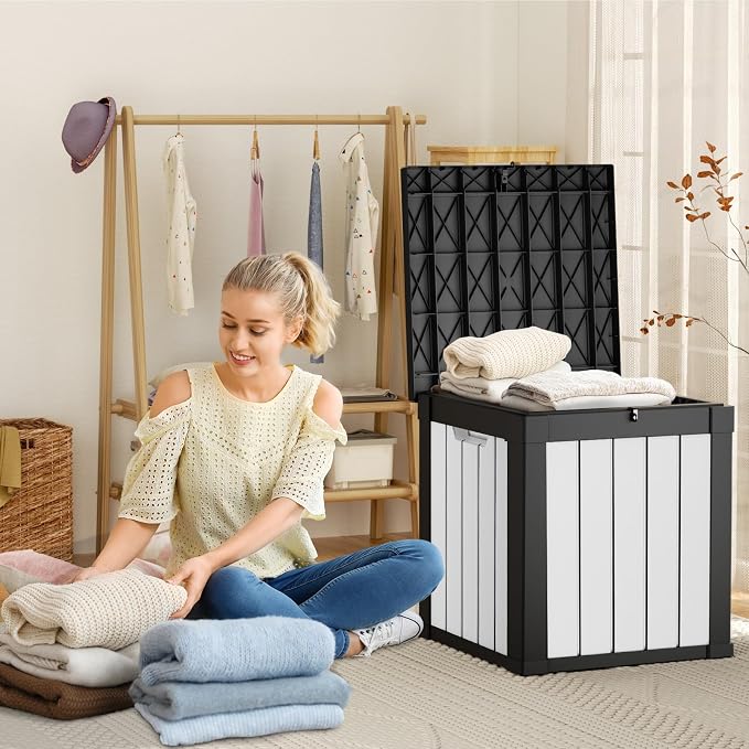 PatioZen 53 Gallon Package Delivery Boxes for Outside, Lokable Secure Resin Package Delivery Box with Lid, Weatherproof and Anti-Theft Storage for Outdoor Front Door,Curbside, House (Black&White)