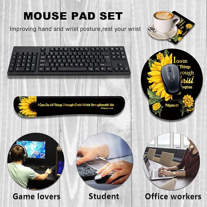 Keyboard Wrist Rest and Mouse Wrist Rest Pad with Cup Coaster,Made of Memory Foam,Ergonomic Support,Easy-Typing and Pain Relief,for Gaming Office Home Computer,Sunflower
