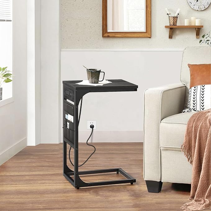 TUTOTAK C Shaped End Table with Charging Station, Side Table for Sofa | Couch Table with Storage Bag, TV Tray with 2 USB Ports and Outlets, Living Room and Bedroom, Grey TB01BY024