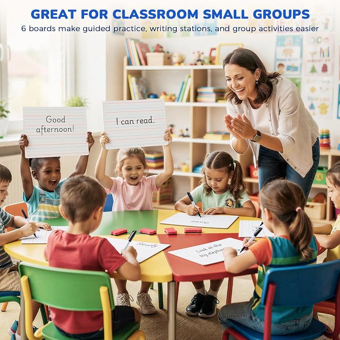 GAMENOTE 6 Pack Dry Erase Lap Boards, Lined and Blank, 9 x 12 in | 6 pack double sided 9 x 12 boards pair a lined side with a blank side for reusable writing practice.