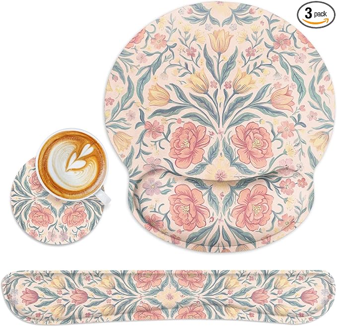 Ergonomic Mouse Pad Set with Wrist Rest, Floral Boho | Vintage Pink Non-Slip Rubber Base Wrist Cushion Support and Coasters Mousepad with Wrist Support for Computer Keyboard