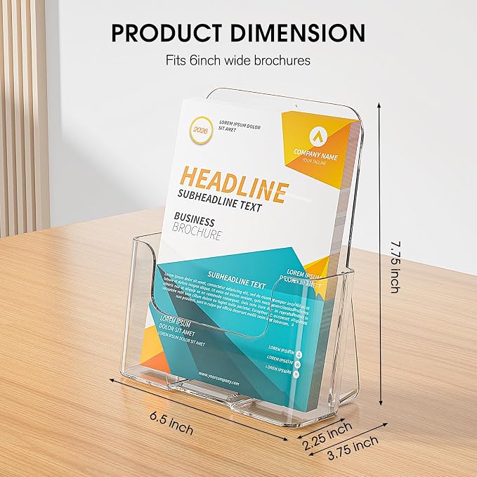 KTRIO Acrylic Brochure Holder 6 x 8, 2 Pack Bi-fold Flyer Display Stand | Desktop/Wall-Mount, Clear Plastic Stand Fits 6" Wide Magazines, Pamphlets, Booklets, Journals, Menus, Business Papers