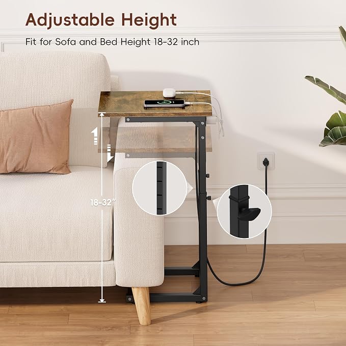 C Shaped End Table with Charging Station, 33"Tall Side Table for Couch, C-Table End Table Adjustable Height Side Table,Slide Under Couch Table TV Tray Table for Sofa,Living Room,Bedroom,Brown