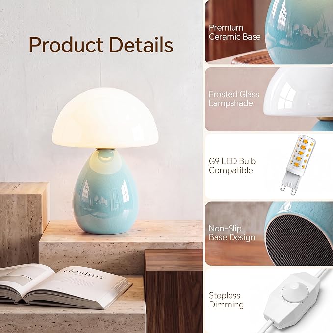 Mushroom Lamp Table Lamp for Bedroom-Small Desk Table Lamps,Blue | Ice Crackle 8.7" Mid Century Modern Table Lamps for Living Room Bedroom Decor,Ceramic Lamps for Home Room Decor,Glass Shade