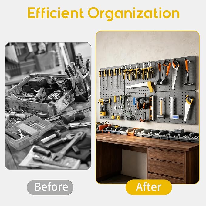 Steel Pegboard Tool Wall Organizer, 6 Pack 14.76 x 10.82 in, 6 Bins, Gray | 6 clear storage bins organize screws and small parts; 36 hooks and 30 peg locks keep garage tools sorted and easy to reach.