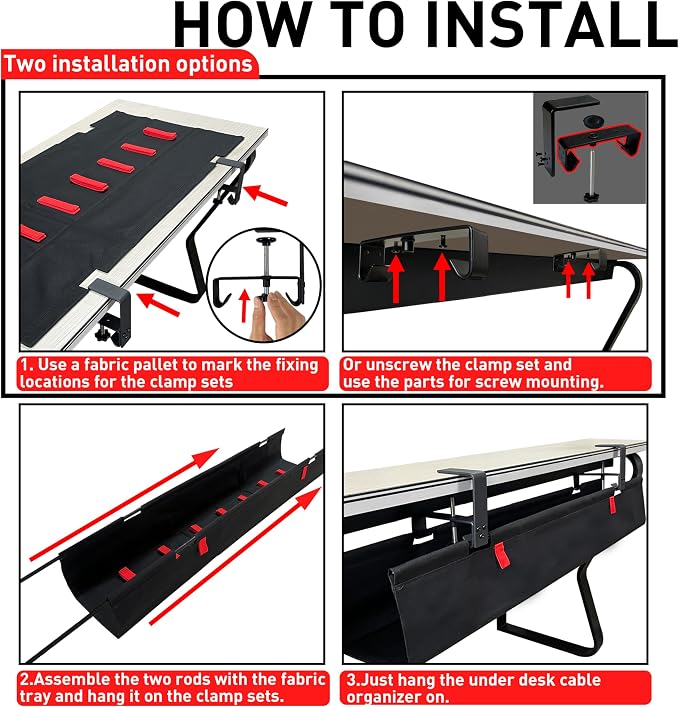 Under Desk Cable Management Tray – No Drill, 48" L x 6" W, Non-Scratch Silicone Clamps, 16 Cable Slots, Washable Honeycomb Base,Black
