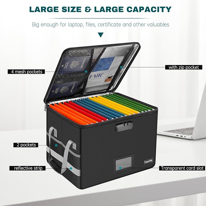 Tamfile Large File Box with lock, 5200°F Fireproof File Box for Documents | fireproof document box with Handle, for Hanging Letter/Legal Folder, Collapsible Filing Box for Home Office