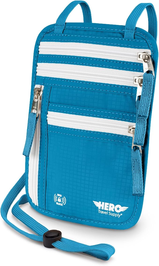 HERO Neck Wallet - RFID Blocking Passport Holder, Easy to Conceal Travel Pouch (Aqua)