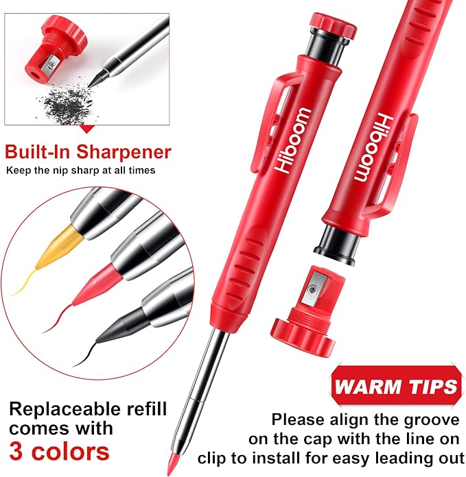 Hiboom 3 Pack Carpenter Pencils Set with 24 Refills | 2.8 mm Carpenters Mechanical Pencil Built in Sharpener, Woodworking Marking Tool Solid Deep Hole Construction Pencil