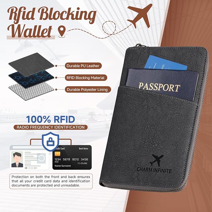Likesing Family Passport Holder for 4, RFID Multiple Passport Holder-Brown | Leather RFID Blocking Travel Passport Wallet with Zipper, Travel Document Organizer with Wrist Strap Card Slots for Women Men