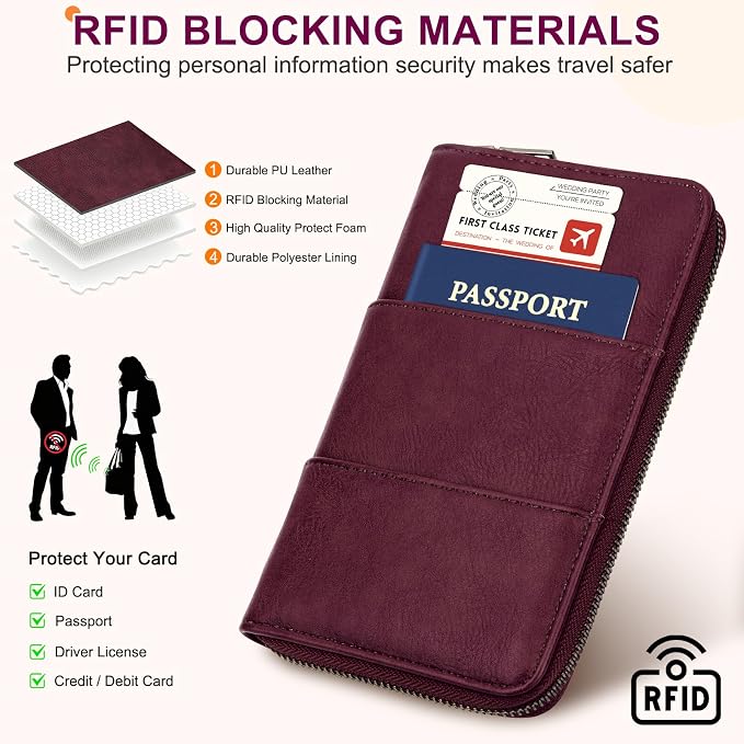 RFID Family Passport Holder Wallet - Travel Document Organizer | PU Leather, with Wristlet, Zipper, Cards, Boarding Pass, ID, Cash, Ticket Pockets,Travel Essentials Gifts for Women Men