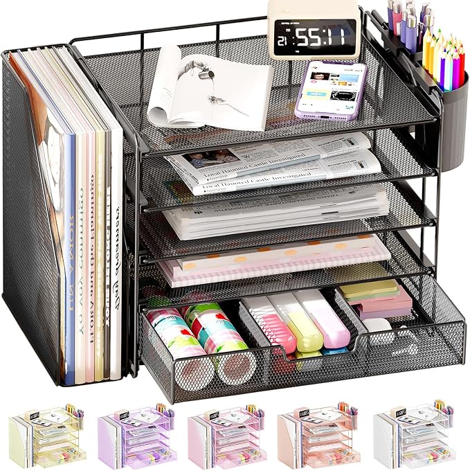 Desk Organizer, 5-Tier Desktop File Organizer with Drawer and Pen Holders, Office Desk Accessories, File Sorters, Workspace Organizers for Office Supplies(Black)