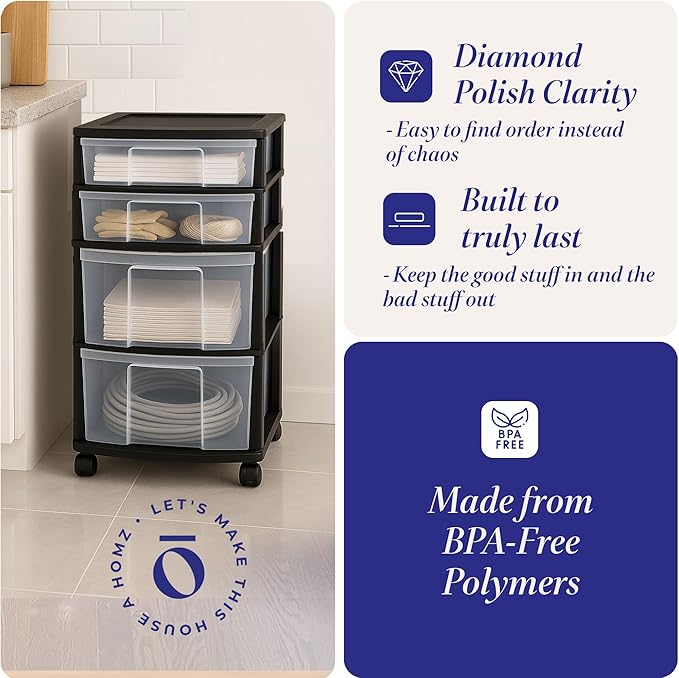 HOMZ Drawer Tower, 4-Tier Cart w/Removable Wheels, Black Frame, 2-Pack | Clear Plastic Rolling Drawers for Home, Bathroom, Bedroom, Office & Classroom