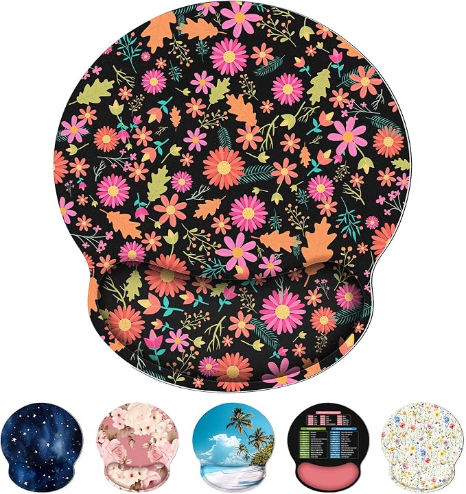 KONVINIT Ergonomic Mouse Pad with Wrist Rest, Small Mousepad with Non-Slip Rubber Base and Smooth Surface, Black Flowers Mouse Pads for Desk, Office Desk Accessories