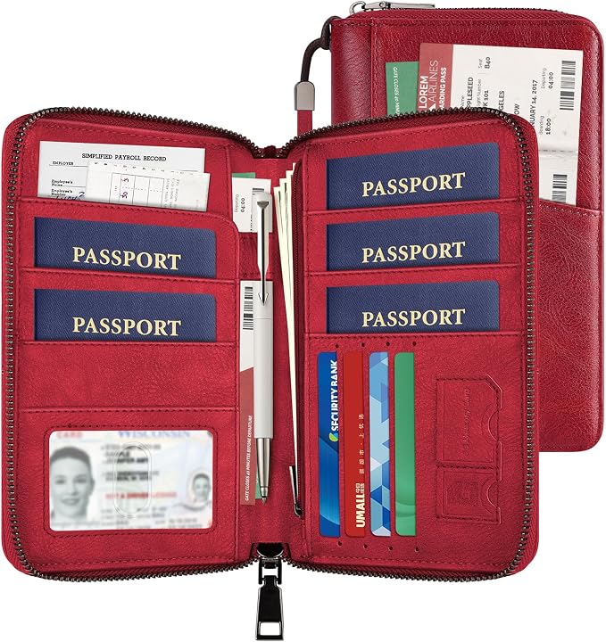 Likesing Family Passport Holder for 4, PU RFID Multiple Passport Holder-Red | Leather RFID Blocking Travel Passport Wallet with Zipper, Travel Document Organizer with Wrist Strap Card Slots for Women Men