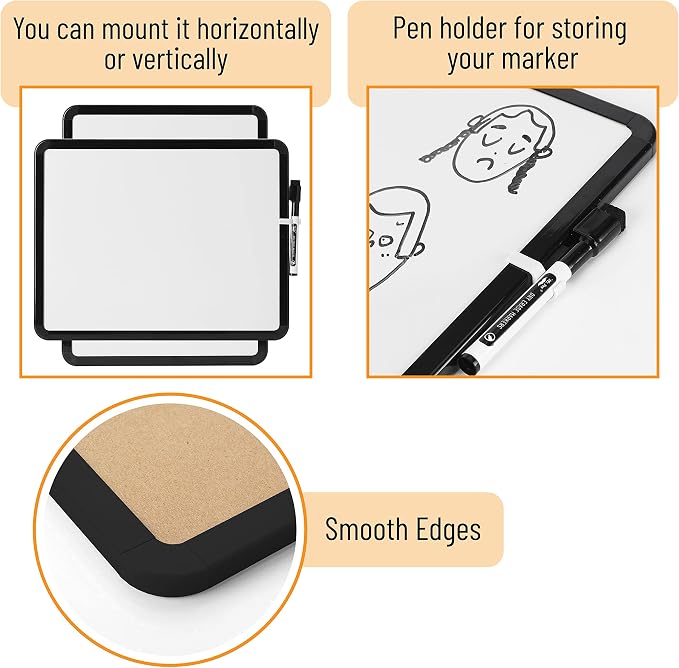 Mr. Pen- Dry Erase Board, 14” x 11” with a Black Dry Erase Marker | Black Frame, Small Mini White Board for Students, Fridge, Wall, Locker, Includes Double Sided Tapes