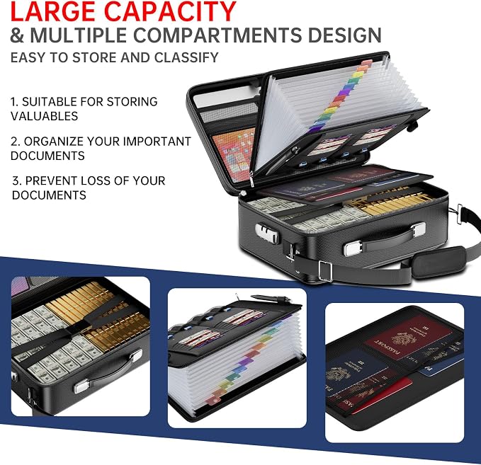 Tamfile Fireproof Document Box, Hard Case Safe File Box with Lock, Black | 5200°F, Water Resistant,8-Layer Fireproof Safe File Organizer with Accordion File Folder for Important Documents,Passports