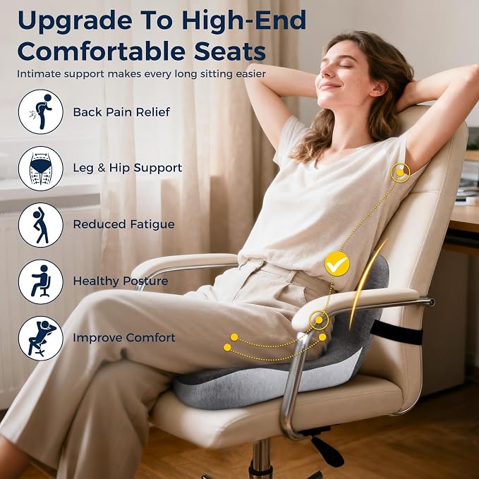 Seat Cushion, Office Chair Cushions for Tailbone Relief, Seat Cushions for Office Chair with L-Shaped Ergonomic Design & Adjustable Strap, Memory Foam Chair Cushion for Long Sitting (Black Gray)