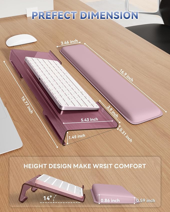 Laborio Computer Keyboard Wrist Rest, Keyboard Riser Stand for Desktop | Rose Pink, Ergonomic Acrylic Keyboard Holder, Non-slip Wrist Pad, Pain Relief for Typing, Multiple Colors