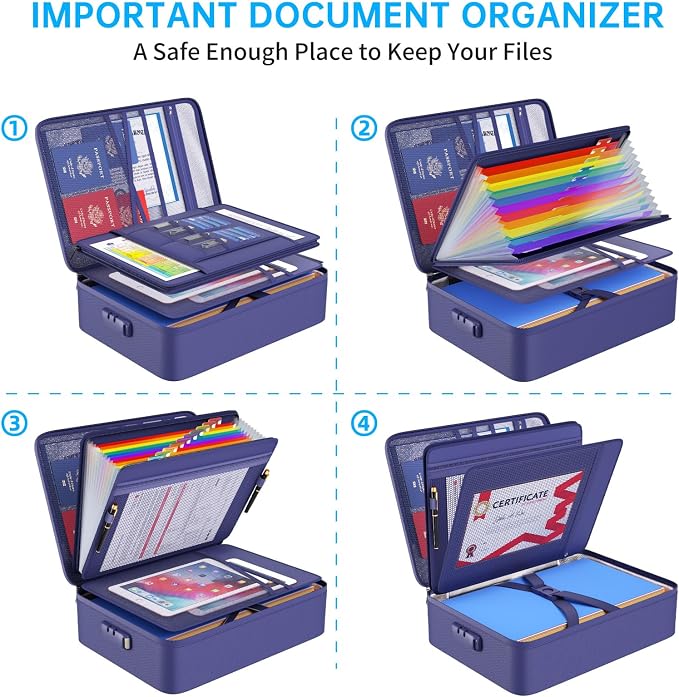 ENGPOW Fireproof File Organizer Bag with 13 Pockets Accordion File Folder | 5200℉ Document Organizer Box with Lock & Labels, Multi-Layer, Portable Home Safe Storage for Important Documents, Blue