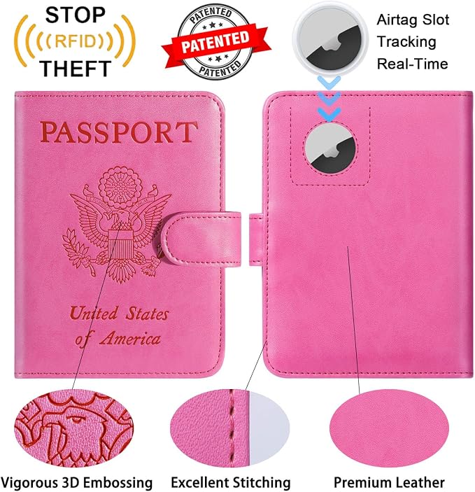 Airtag Passport Holder Cover Wallet RFID Blocking Leather Case Travel Essentials Luggage Accessories Travel Must Have(118#Pink)