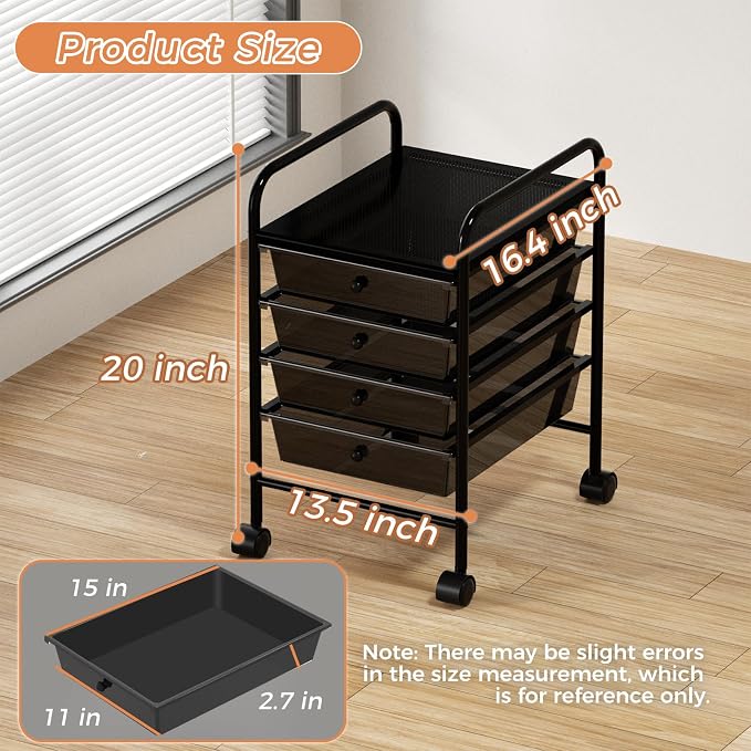 4 Tier Utility Rolling Cart with 4 Drawers Multipurpose Rolling Storage Cart with Wheels and Handles for Office Classroom Kitchen Bathroom Bedroom Organization Black