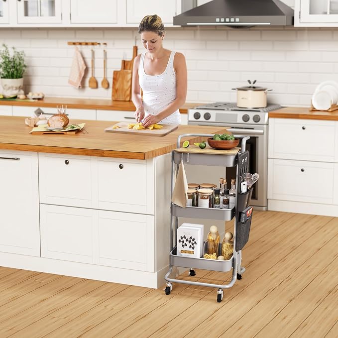 DTK 3-Tier Rolling Cart with Table Top, Metal Utility Cart with Side Bags | Tray Storage Organizer, Lockable Wheels, 4 Hooks, Art Cart for Kitchen, Bathroom, Office, Craft room, Living room,Grey