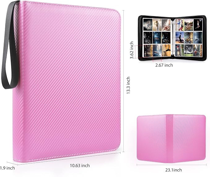 WOT I Trading Card Binder, 900 Pockets Baseball Card Binder Sleeves with Zipper, Double Sided Pockets Card Holder Carry Card Case for Baseball Card, Football Card(Pink), WO-CB-9-9