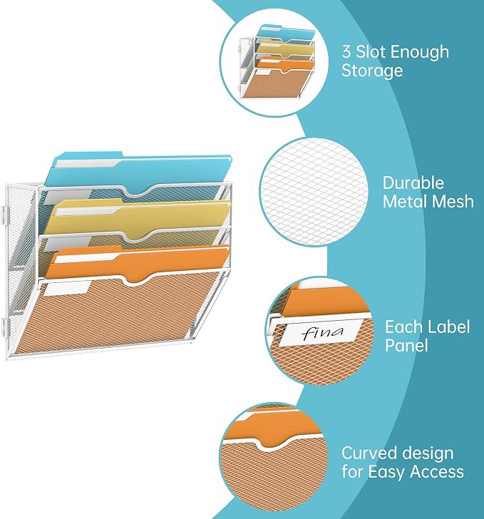 3-Tier Wall File Organizer, Hanging Wall Mounted Mail Organizer with Label Slots, Metal Mesh File Holder Magazine Rack for Office, Home, School or Classroom, White