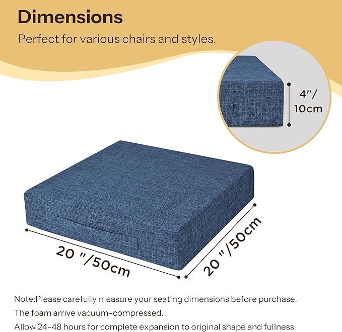 Recliner Cushions for Elderly 20X20X4 Inch Thick Seat Cushion for Recliner Chair with Non-Slip Bottom and Washable Cover Square Chair Cushions for Couch, Armchair, Floor (1, Blue)